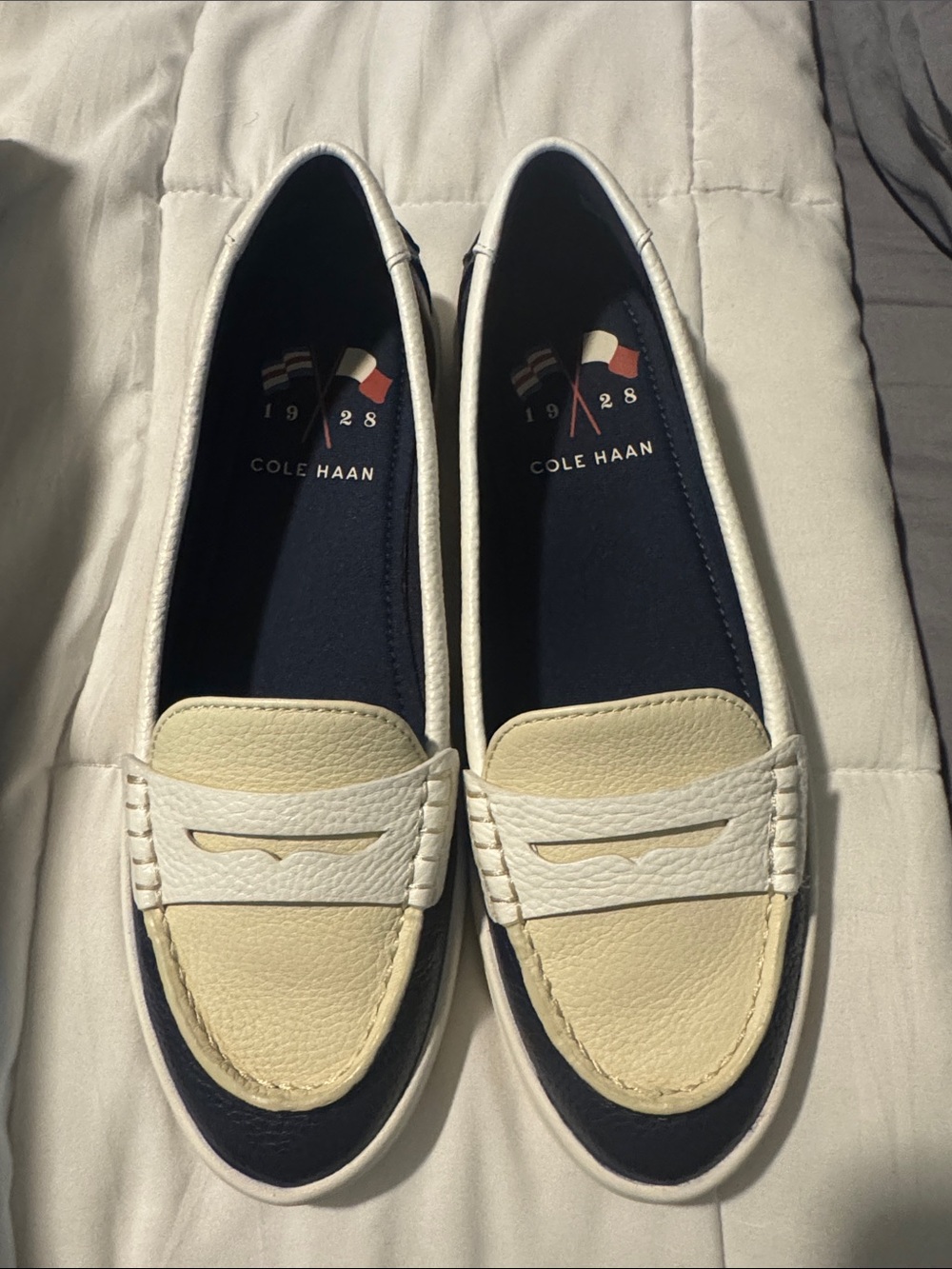 Cole Haan Cream and Navy Leather Penny Loafers